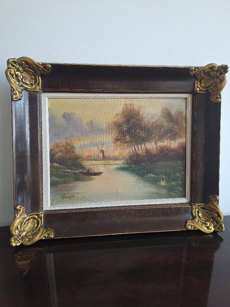 Set van 2 Schilderijen: Molen en Huisje aan het Water, Realistisch, Ophalen of Verzenden, Gesigneerd, Landschap