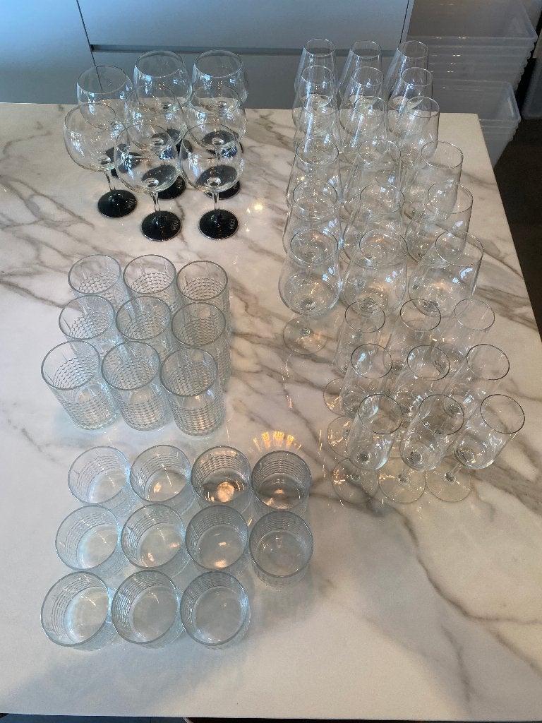 Lot de 55 verres assortis – vin, champagne, cocktails, Ophalen, Gebruikt