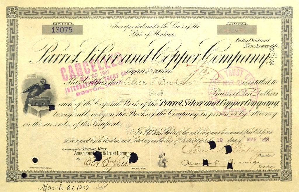Parrot, Silver and Copper Company 1907, Timbres & Monnaies, Enlèvement ou Envoi, Avant 1920, Certificat d'action