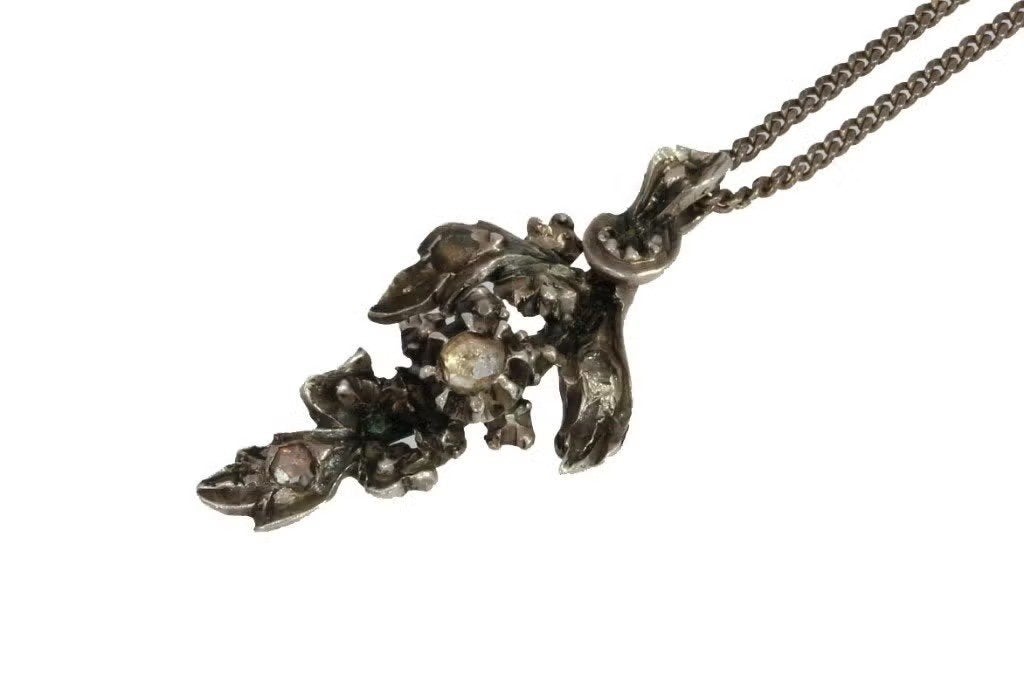 Diamanten bloem hanger gourmet ketting zilver antiek dames, Ophalen of Verzenden, Zilver, Hanger, Met edelsteen