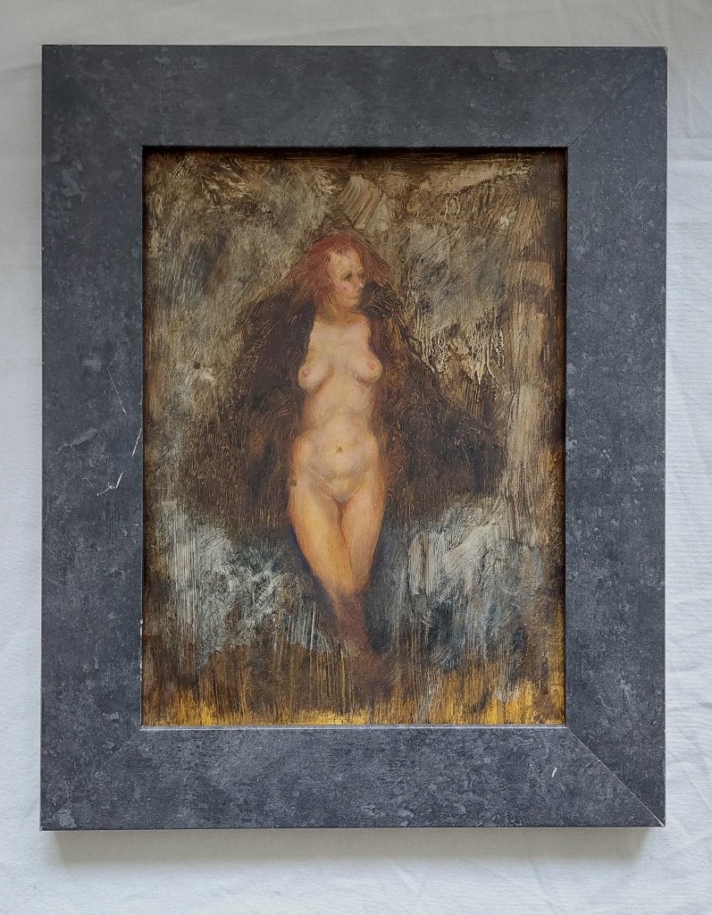 Schilderijtje van Naakte Vrouw in Bontje - Olieverf, Portrait ou Personnes, Enlèvement ou Envoi, Signé, Peinture à l'huile