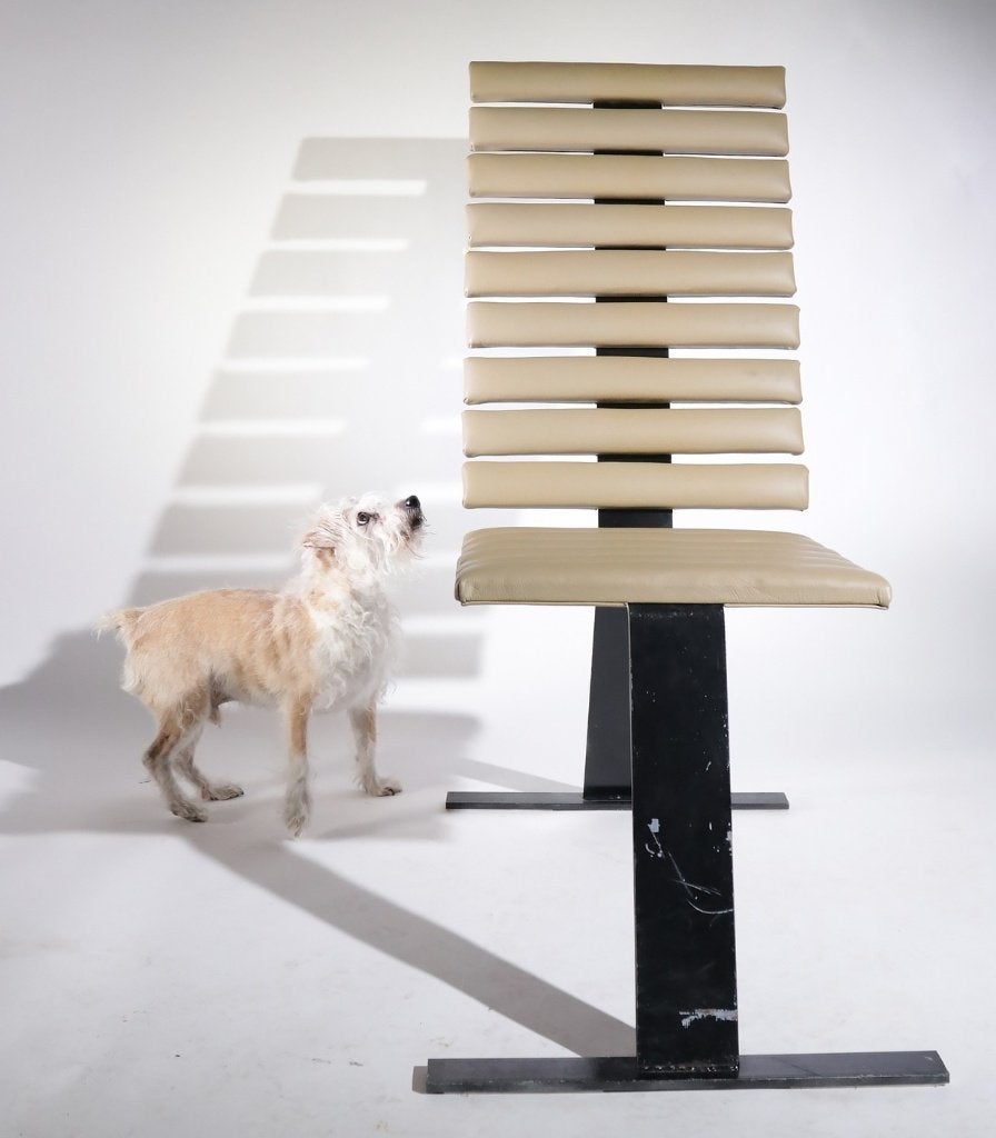 Zeldzame design Rib fauteuil jaren 80, zwart staal en skai, Enlèvement