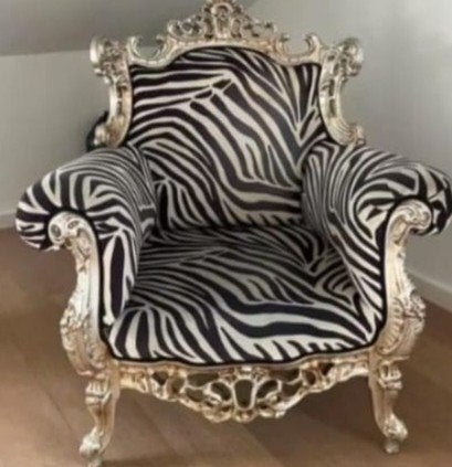 fauteuil in barokstijl zebra stof en zilver hout, Ophalen, Overige materialen, Minder dan 75 cm, Zo goed als nieuw