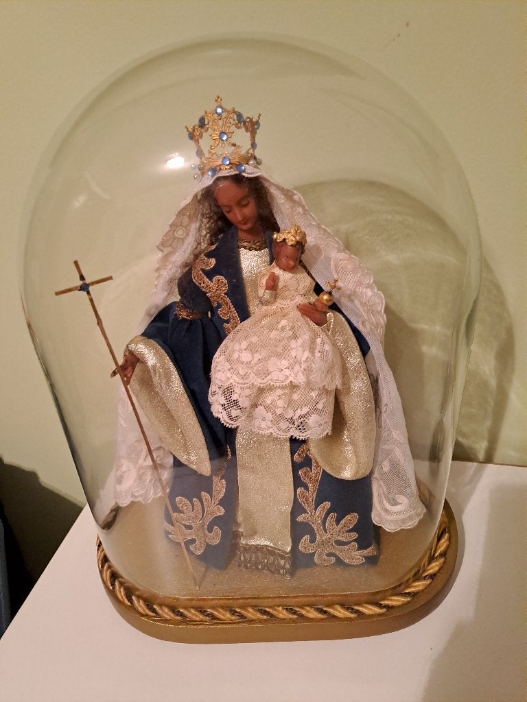 Antiek Maria beeld met jezus onder een stolp., Antiek en Kunst, Ophalen