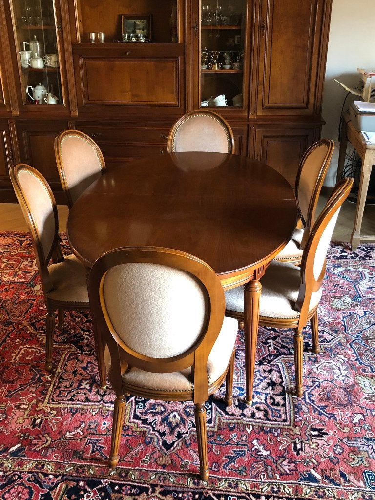 Tafel met 6 stoelen en wandmeubel in kerselaarhout, Enlèvement, Utilisé, Klassiek, 4 à 6 chaises