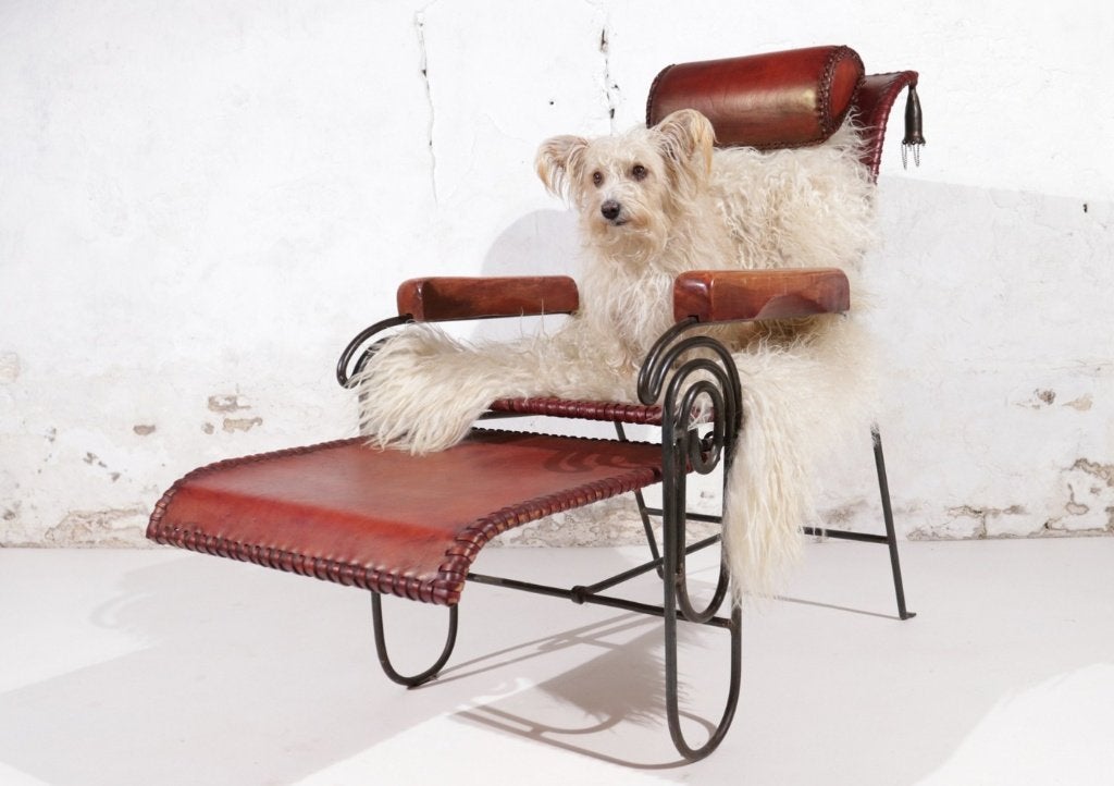 Franse art deco loungestoel smeedijzer en leer, Ophalen
