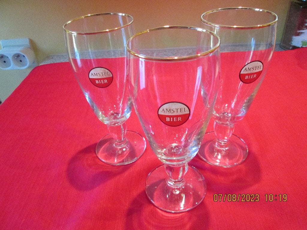 Verres (3) « Amstel Bier » avec bord doré 25 cl, Collections, Enlèvement, Neuf, Verre ou Verres, Amstel