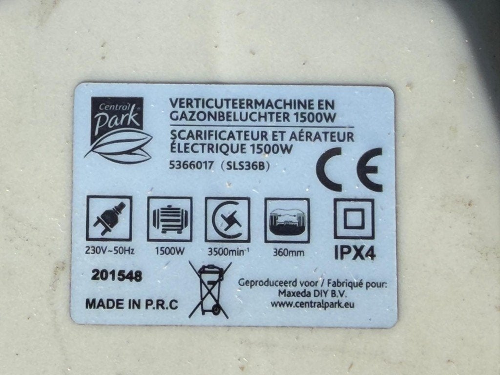 Elektrische verticuteerder 36cm 1500W, Tuin en Terras, Ophalen, Gebruikt, Elektrisch, Central park