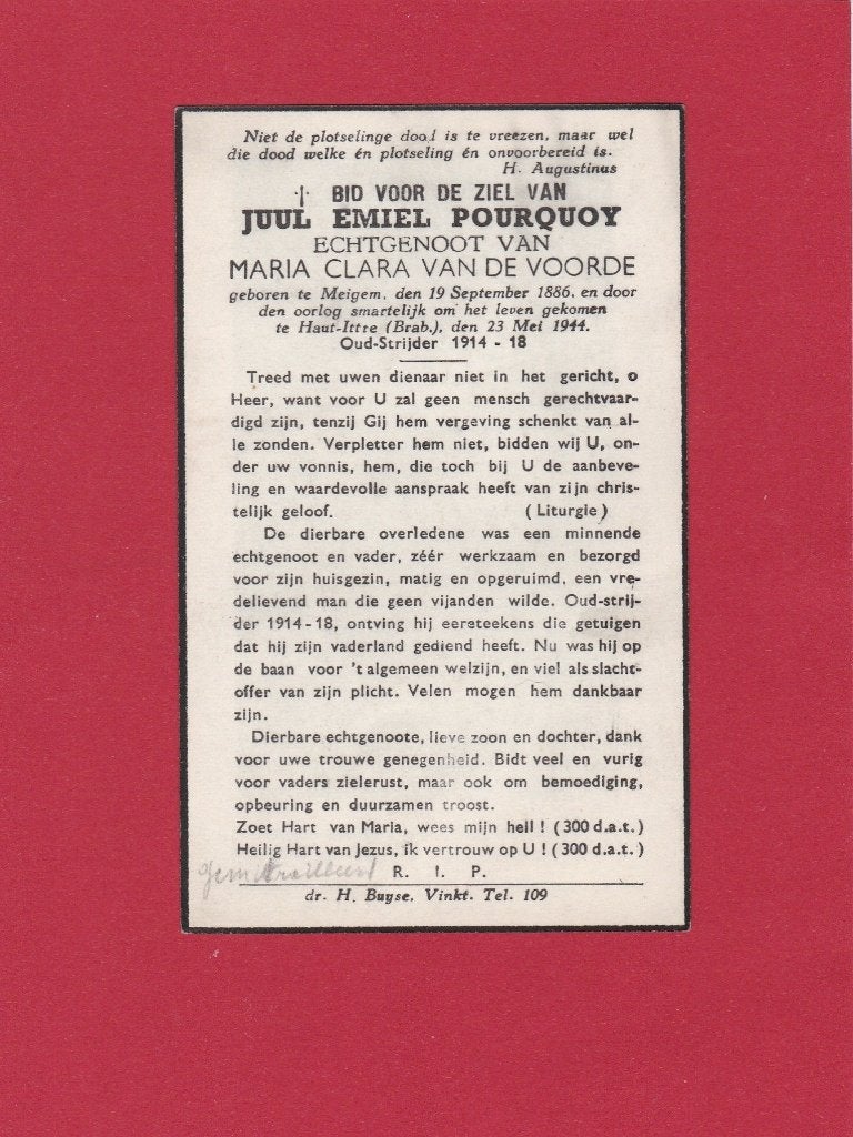 DP Oorlog Juul Pourquoy, Verzamelen, Bidprentjes en Rouwkaarten, Verzenden, Bidprentje
