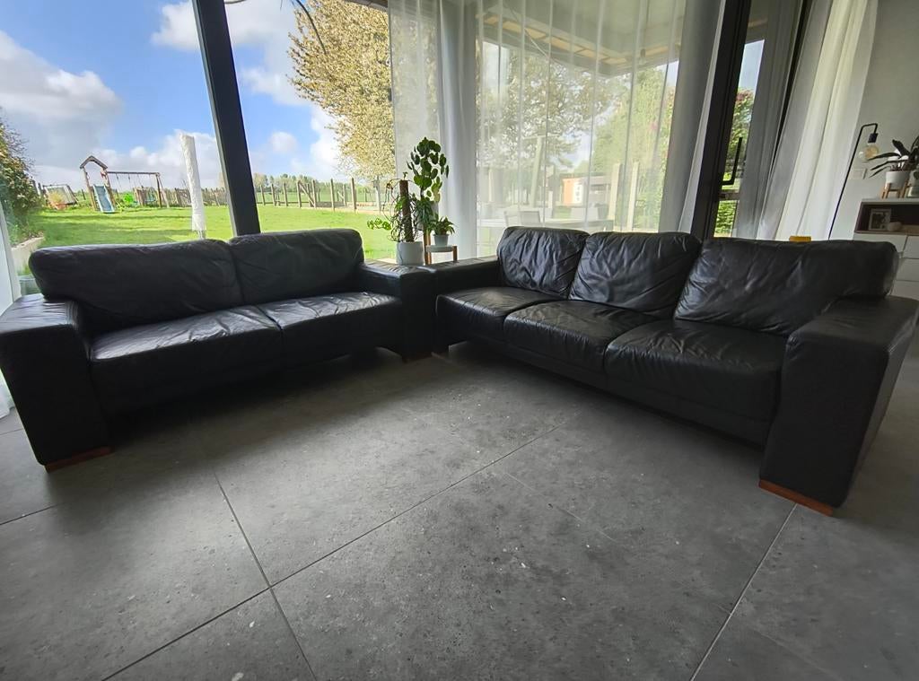 Zetels zwart leder, Huis en Inrichting, Zetels | Complete zithoeken, Ophalen