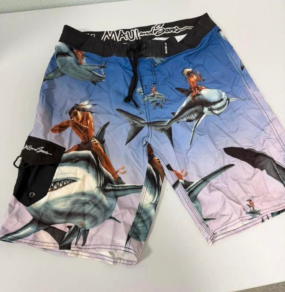 Short de bain vintage à imprimé requin Maui and Sons L XL, Enlèvement ou Envoi, Taille 56/58 (XL), Bleu, Short de bain