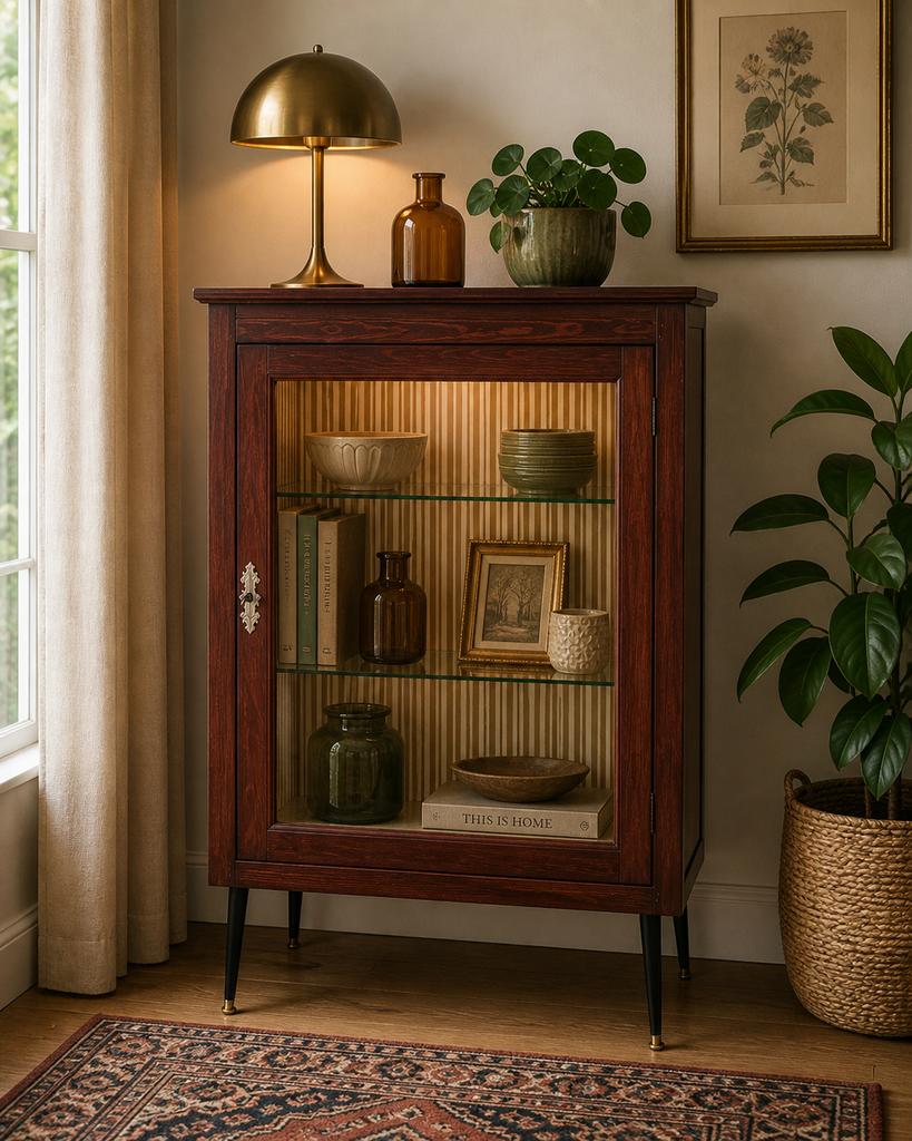 Vintage houten vitrinekastje met glas – mid century, Antiek en Kunst, Ophalen