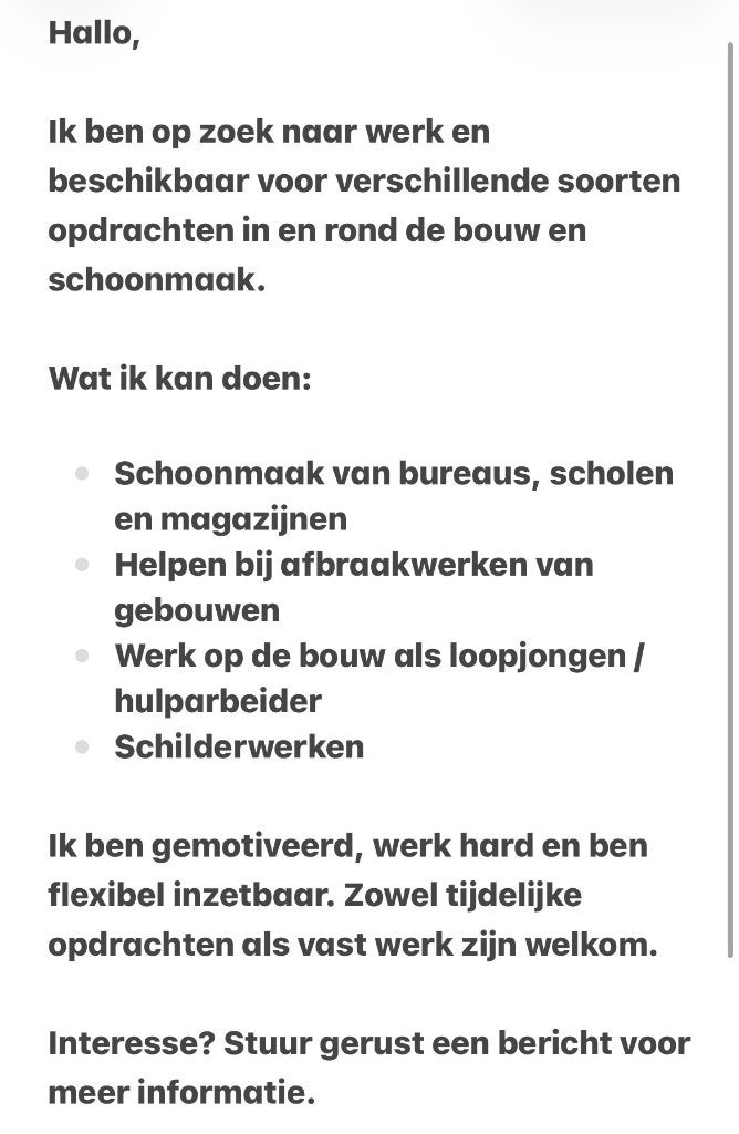 WERK GEZOCHT, Vacatures, Overige uren, Overige branches, Overige vormen