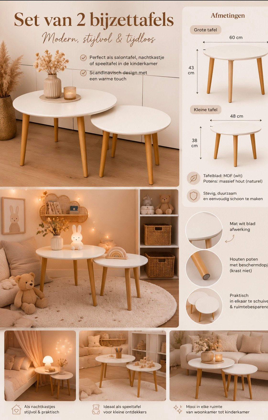 Set van 2 ronde bijzettafels – Wit met houten poten, Ophalen, Zo goed als nieuw