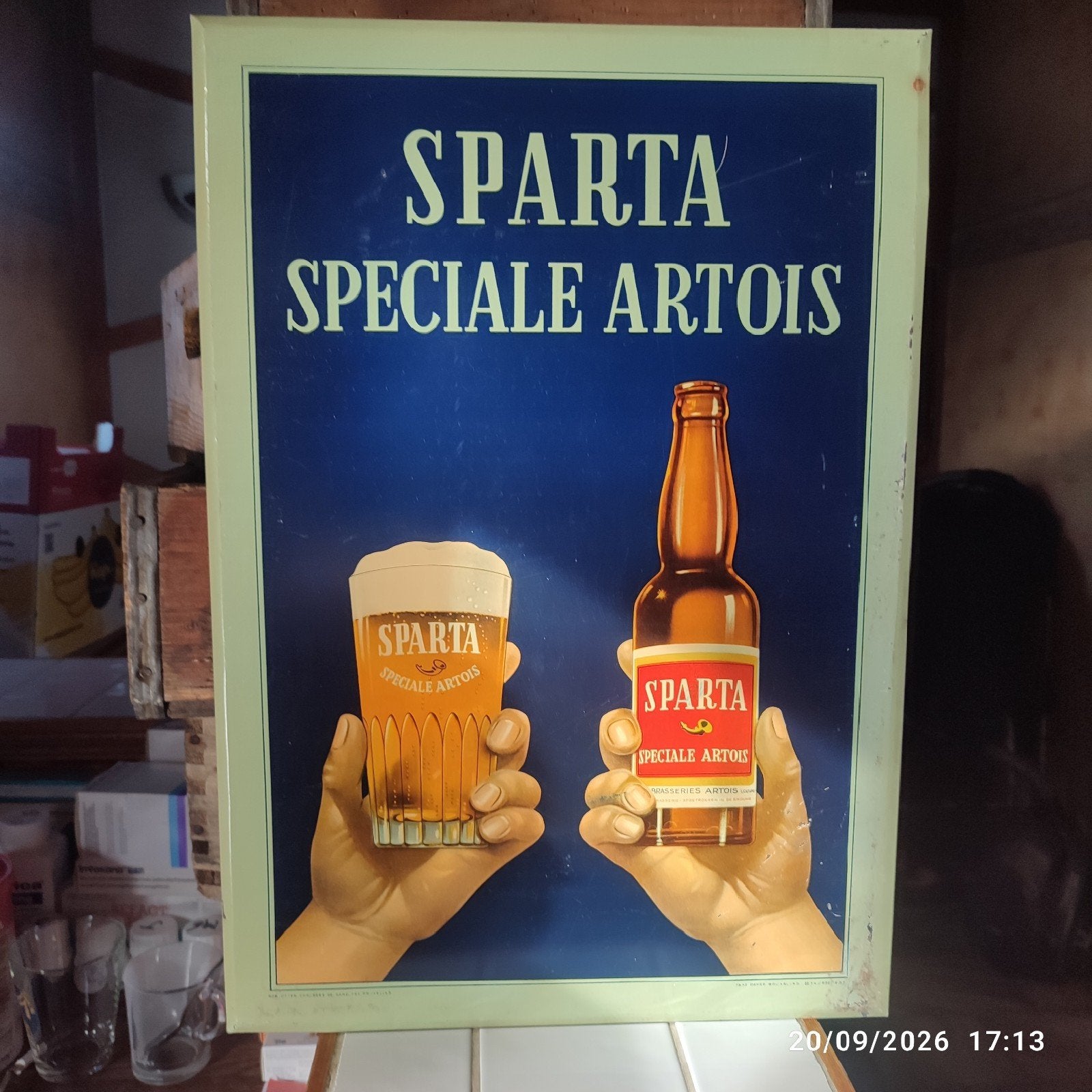 Oude metalen plaat van SPARTA SPÉCIALE ARTOIS 1957., Ophalen, Gebruikt, Reclamebord, Plaat of Schild, Stella Artois