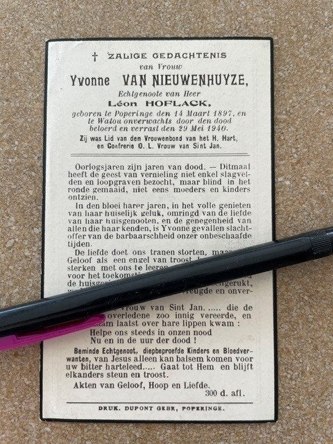 La victime civile Mme Van Nieuwenhuyze à Watou le 29 mai 40, Collections, Images pieuses & Faire-part, Enlèvement ou Envoi, Image pieuse