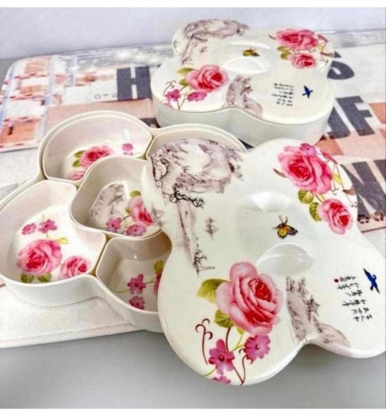 Bloemen-motief snack schaal fruit noten hapjes bak + deksel, Huis en Inrichting, Ophalen of Verzenden, Nieuw, Kunststof, Schaal of Schalen