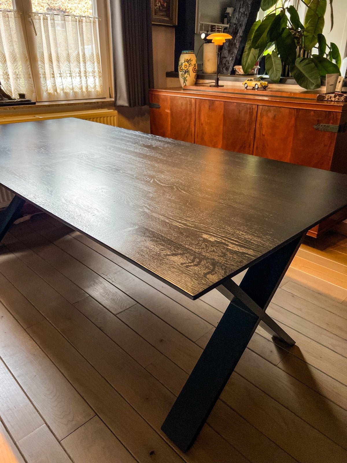 Massieve eikenhouten tafel met X-poten, Ophalen, Eikenhout, 200 cm of meer, Zo goed als nieuw