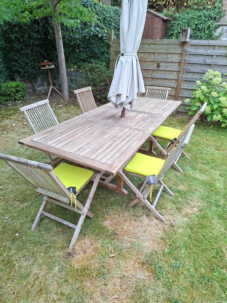 Table et chaises de jardin en tek., Ophalen, Gebruikt, Rechthoekig, Hout