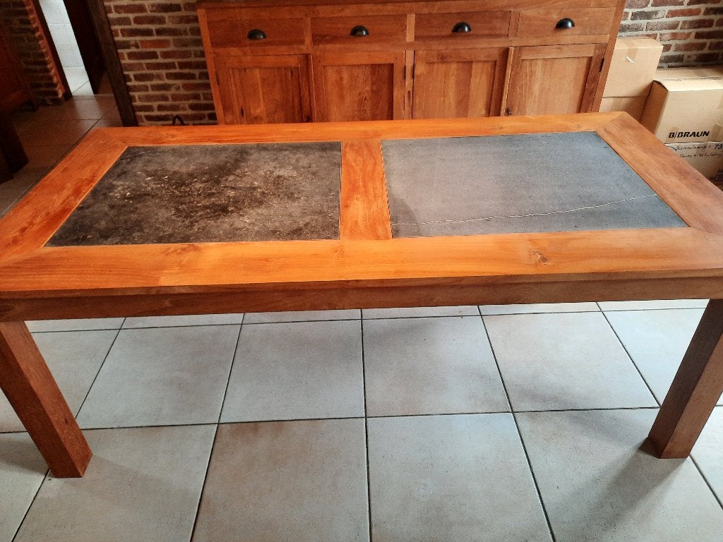 Table à manger en teck avec plateau en marbre (200 x 100 cm), 100 à 150 cm, Enlèvement, Utilisé, Teck