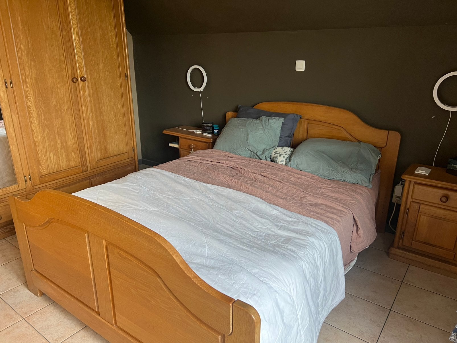 GRATIS!!! Bed+nachttafels*lattoflex+matras, Ophalen, Gebruikt, Tweepersoons