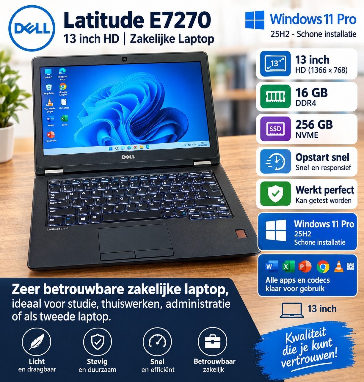 DEL E7270, 256 GB, 2 tot 3 Ghz, 13 inch, Refurbished