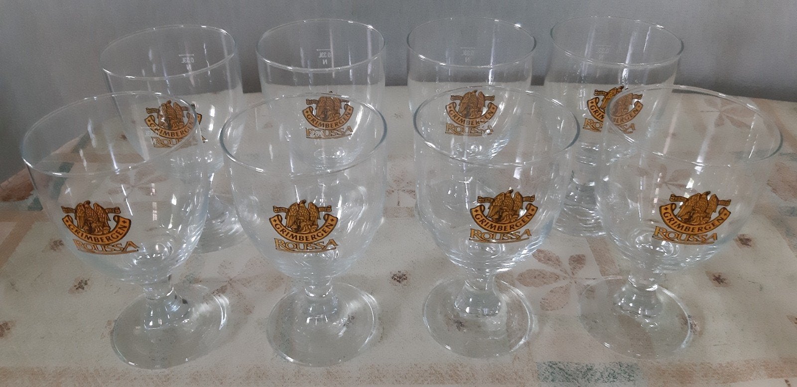 8 zeldzame bierglazen Grimbergen Roussa, Verzamelen, Ophalen