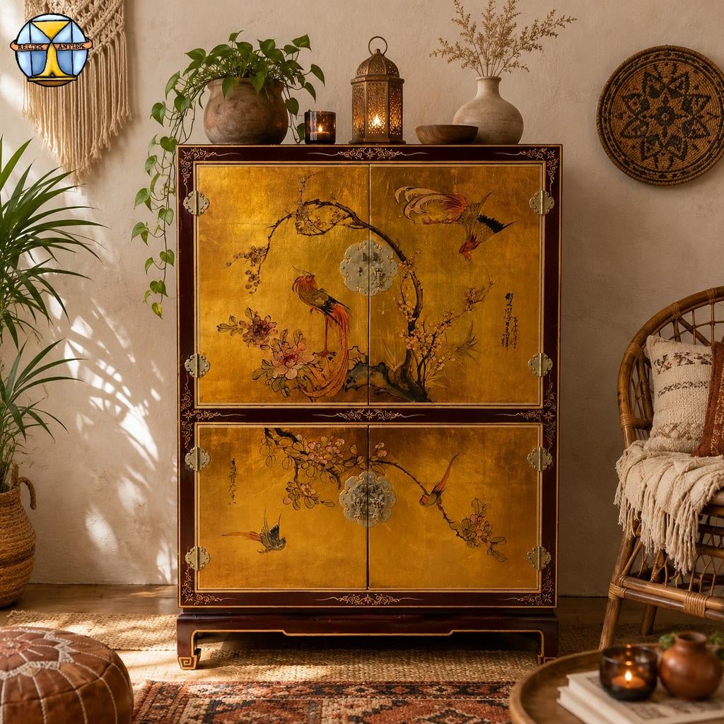 Vintage Chinese kast Bladgoud / Bloemen en Vogels / Bohemian, Ophalen of Verzenden