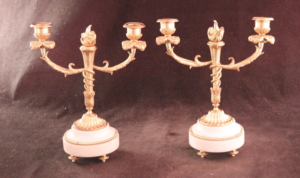 Paar antieke vergulde bronzen kandelaars, Antiek en Kunst, Ophalen of Verzenden