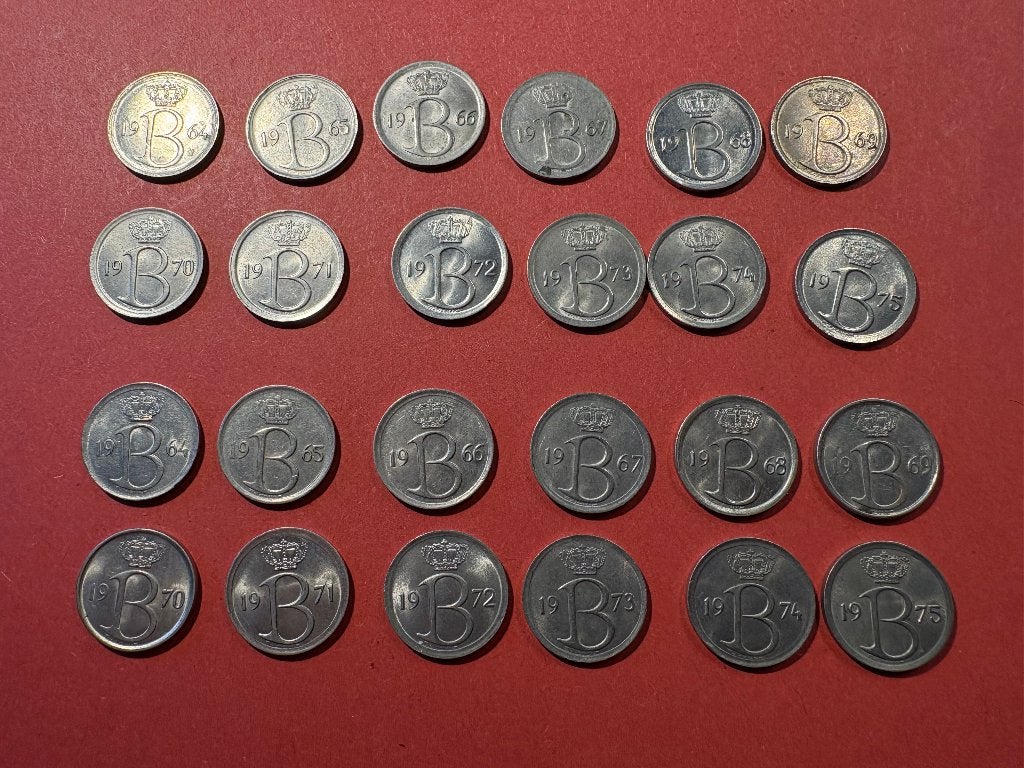Set 24 stuks 25 centiem 1964-1975 NL en FR (#151#), Postzegels en Munten, Ophalen of Verzenden, Metaal, Setje
