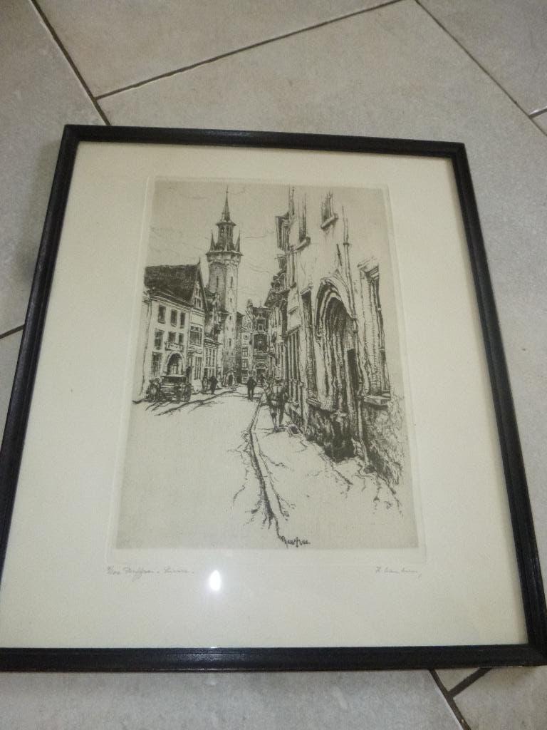 Belfort Lier , gesigneerde ets Isodore van Mens, Ophalen of Verzenden, Ets, Gesigneerd