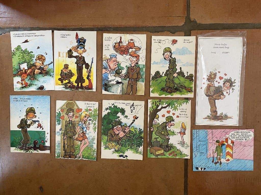 Postkaarten leger/militaire dienstplicht door striptekenaars, Verzamelen, Ophalen of Verzenden, 1960 tot 1980, Gelopen, Politiek en Historie