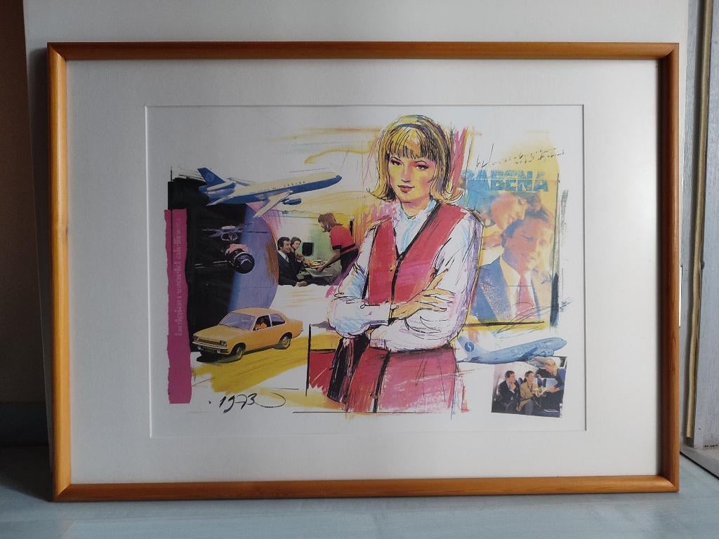 Lithographie SABENA 1973 sous cadre, Verzamelen, Sabenasouvenirs, Ophalen, Zo goed als nieuw