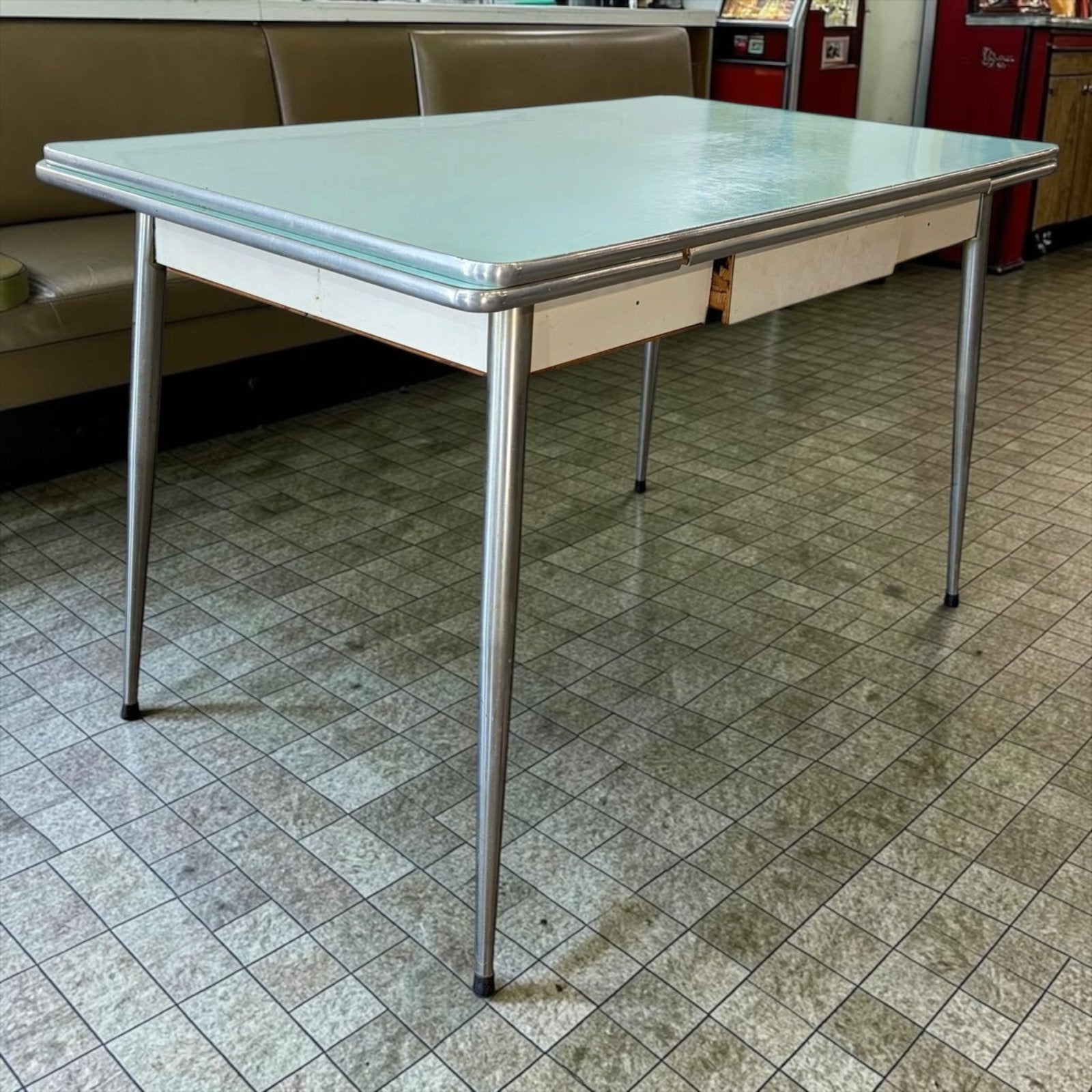 Vintage uittrekbare hemelsblauwe formica tafel / eettafel, Verzenden