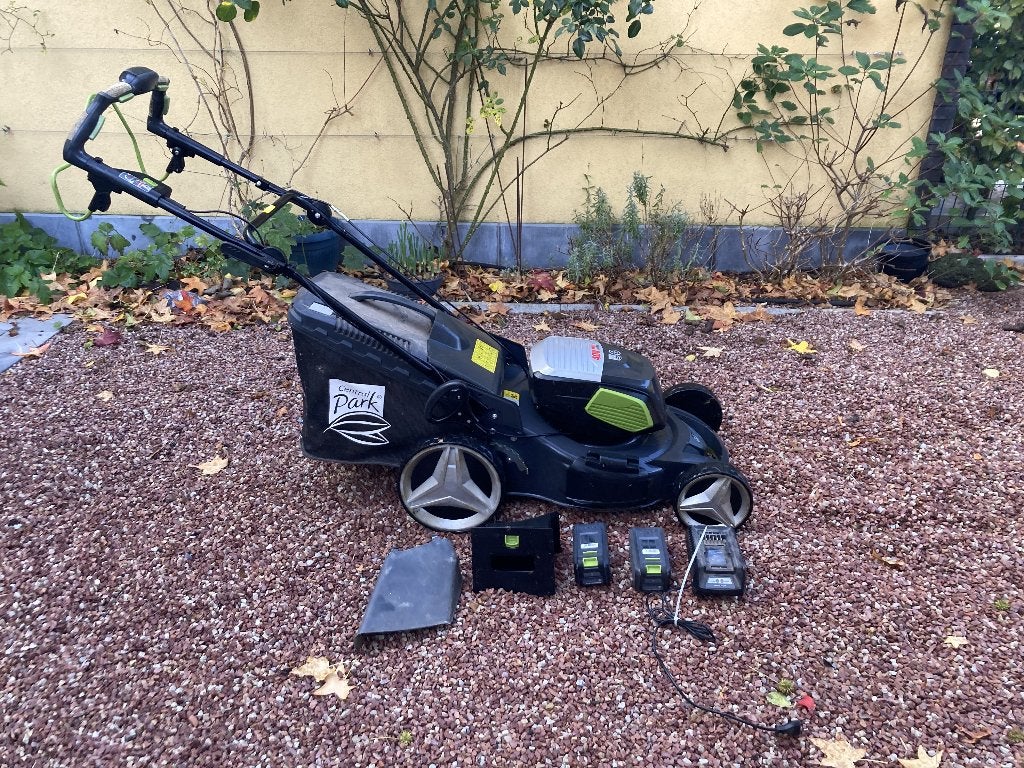 grasmaaier op oplaadbare batterij, Cirkelmaaier, Gebruikt, Accu-grasmaaier, Opvangbak