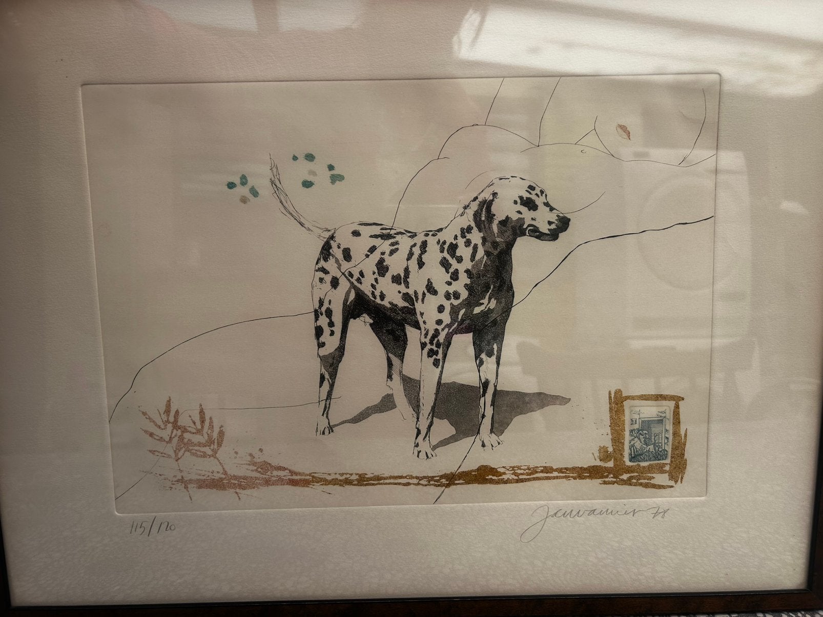 Mooie ets te koop met hond stempel en vrouw op, Ophalen, Ets