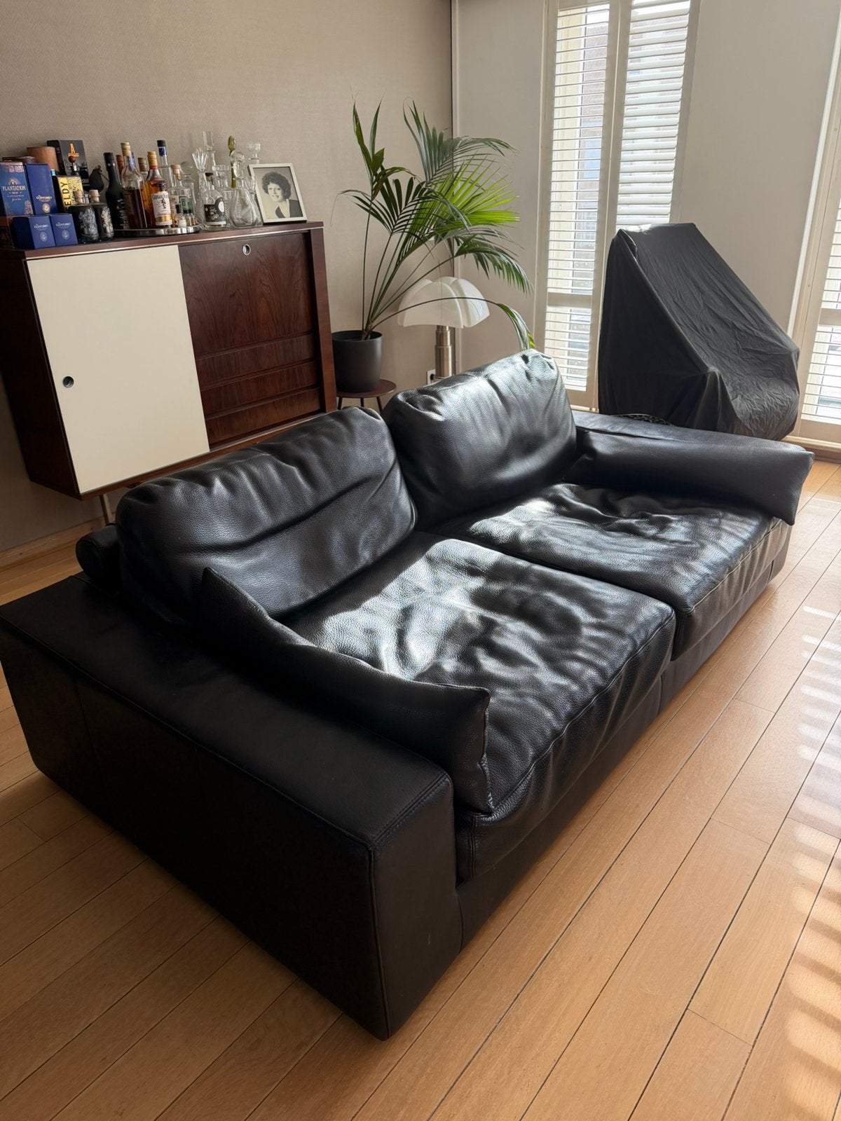Lederen zetel + poef, Huis en Inrichting, Ophalen, Gebruikt, 100 tot 125 cm, Leer