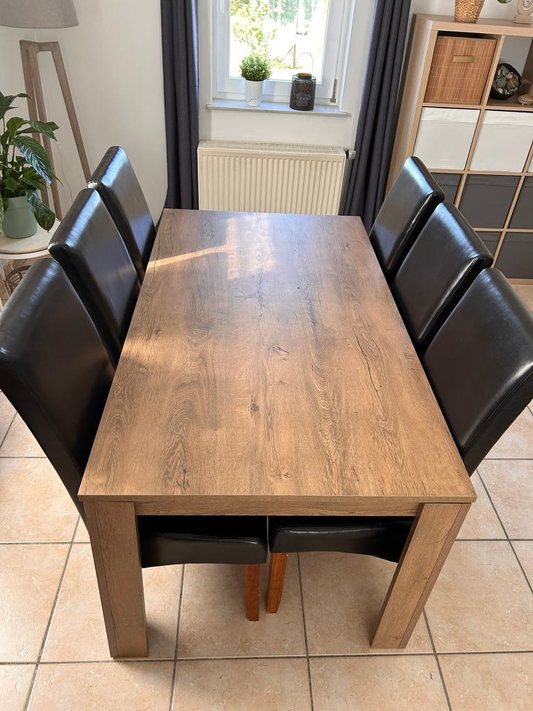 Table salle à manger + 6 chaises, Ophalen, Zo goed als nieuw, Moderne bois, 4 tot 6 stoelen