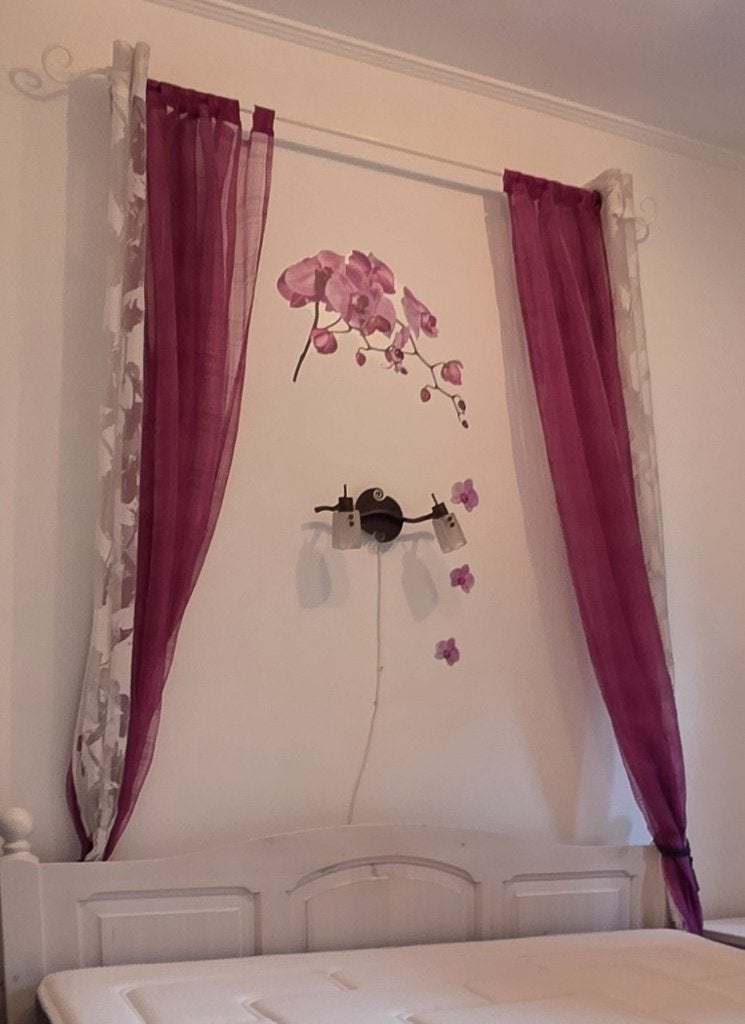 Lot de rideaux mauves + blancs + tringle et supports, Enlèvement, Comme neuf