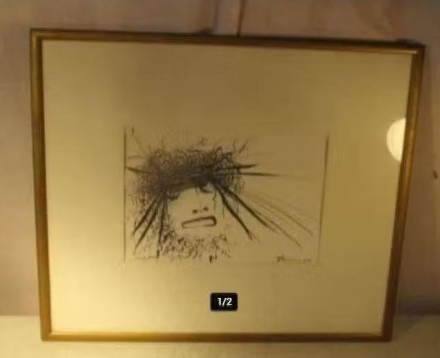Mooi Modern Aquarel 'Boos Mannenhoofd' - Rita Toelen, Achter glas, Aquarel, Papier/karton, Ophalen of Verzenden