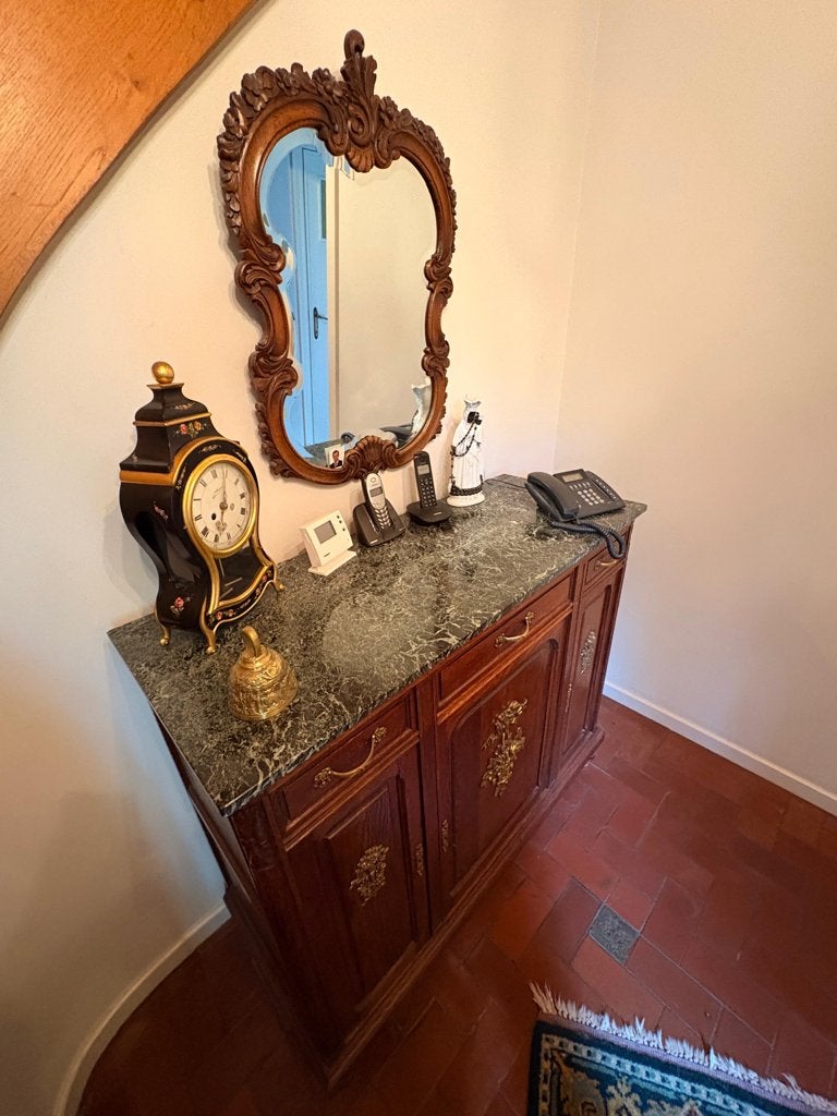 Dressoir met marmeren blad en spiegel, Huis en Inrichting, Ophalen, Klassiek, Eikenhout, Zo goed als nieuw