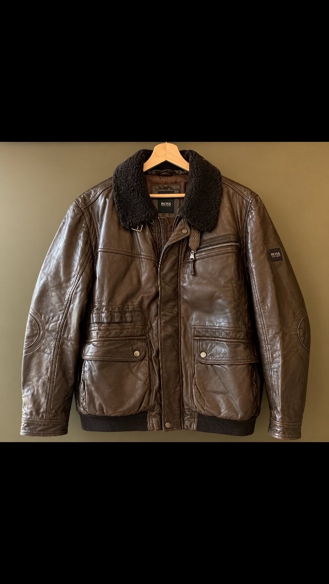 Lederen jas van Boss, Verzenden, Zo goed als nieuw, Maat 56/58 (XL), Bruin