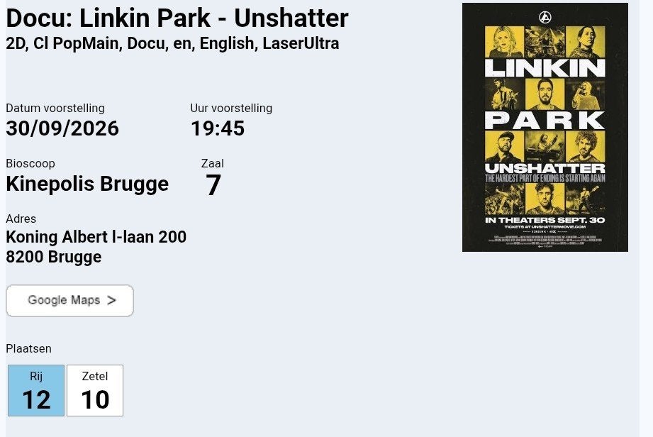 Linkin Park ticket, Tickets & Billets, Une personne, Septembre, Hard Rock ou Metal