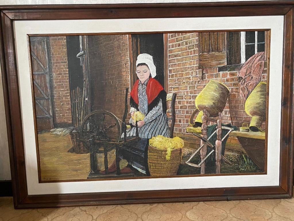 Schilderij vrouw met spinnenwiel, Antiek en Kunst, Ophalen