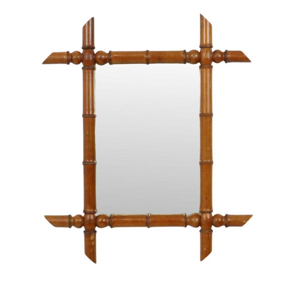 Oude Houten Spiegel Faux Bamboe Chinoiserie 60x50cm, Antiek en Kunst, Ophalen of Verzenden, Rechthoekig, Minder dan 50 cm, Minder dan 100 cm