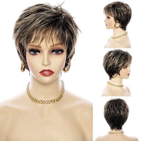 Pruik pixie model kort in laagjes bruin met blonde highlight, Ophalen of Verzenden, Nieuw
