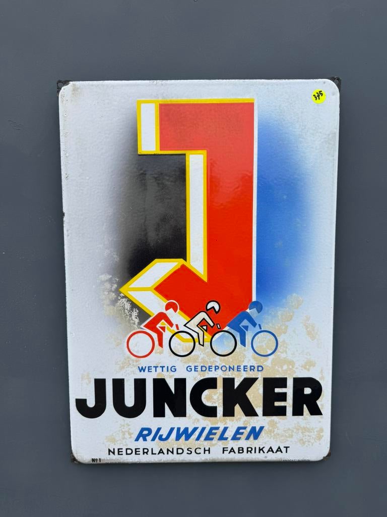 Panneau publicitaire cycliste en émail JUNCKER, Enlèvement ou Envoi