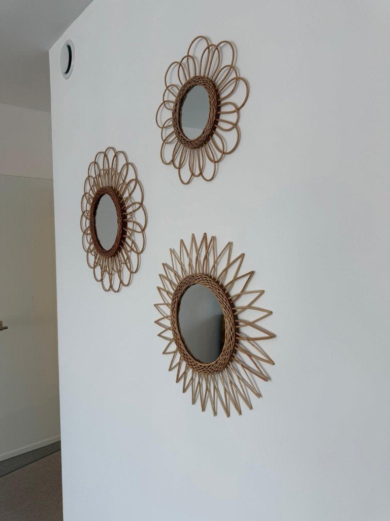 3 decoratieve rotan/rieten spiegels, Huis en Inrichting, Ophalen, Nieuw