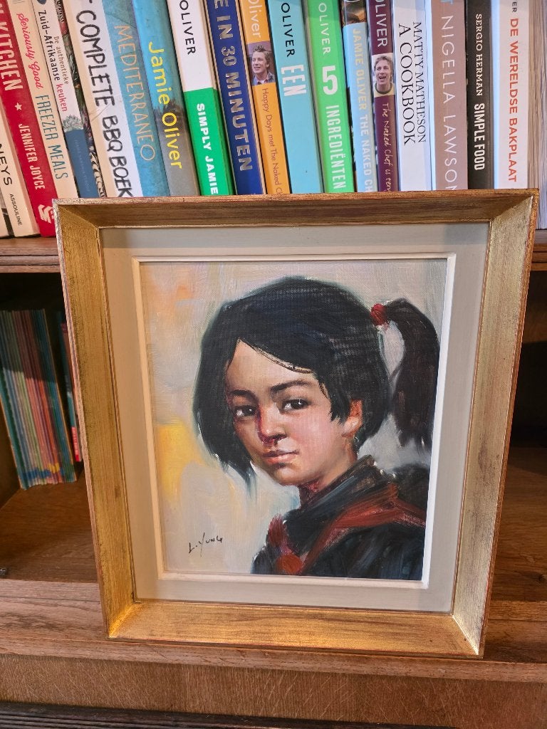 Schilderij Chineese meisje L. Yung, Antiquités & Art, Portrait ou Personnes, Signé, Enlèvement, Autres styles