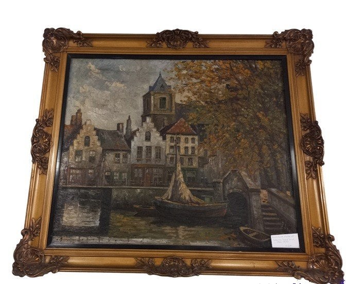 Vue de la ville néerlandaise par Johannes Karel Leurs, Peinture à l'huile, Signé, Enlèvement, Paysage urbain / rural